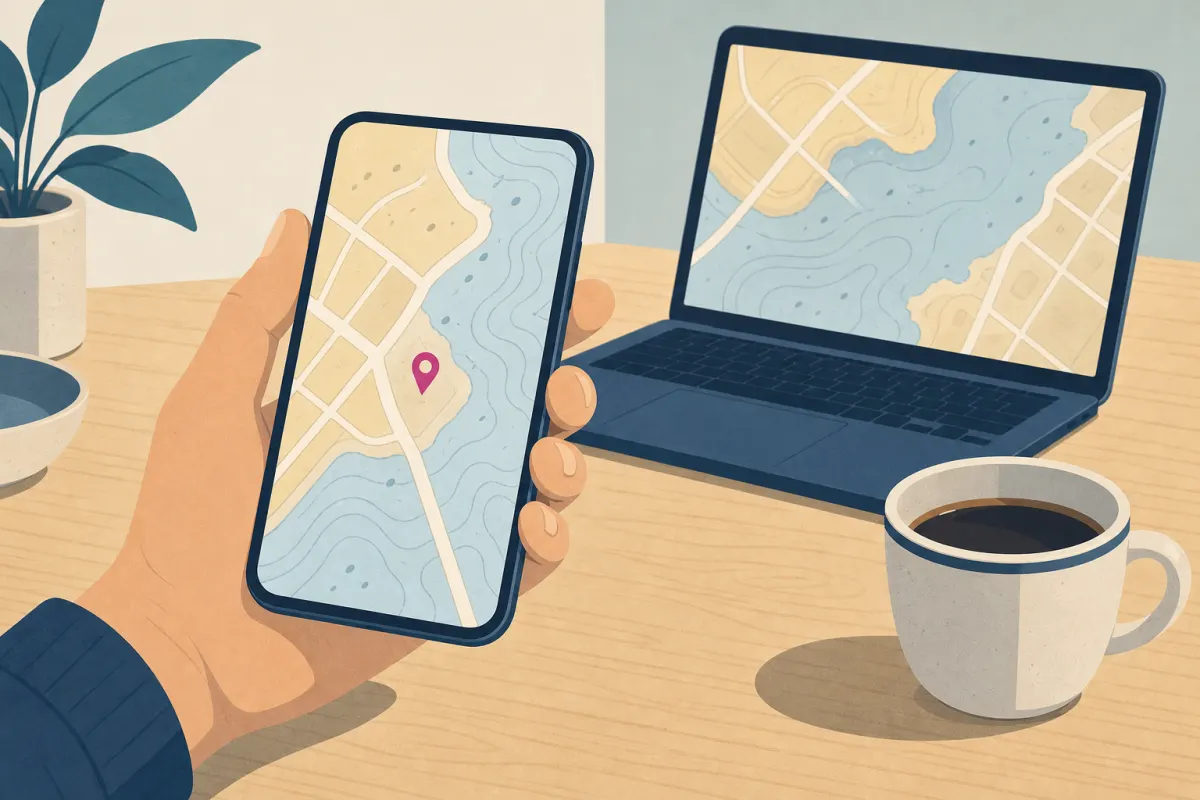 Illustration af en hånd med en mobiltelefon, der viser et kort med en magenta nål, og en bærbar computer med et kort i baggrunden