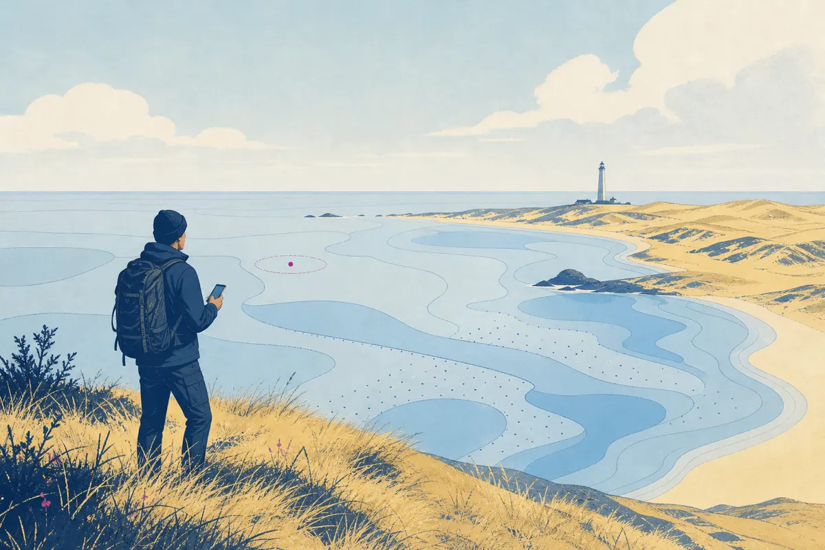 Illustration af en vandrer på en klit ved kysten, der ser ud over havet med en mobiltelefon i hånden og et fyrtårn i det fjerne