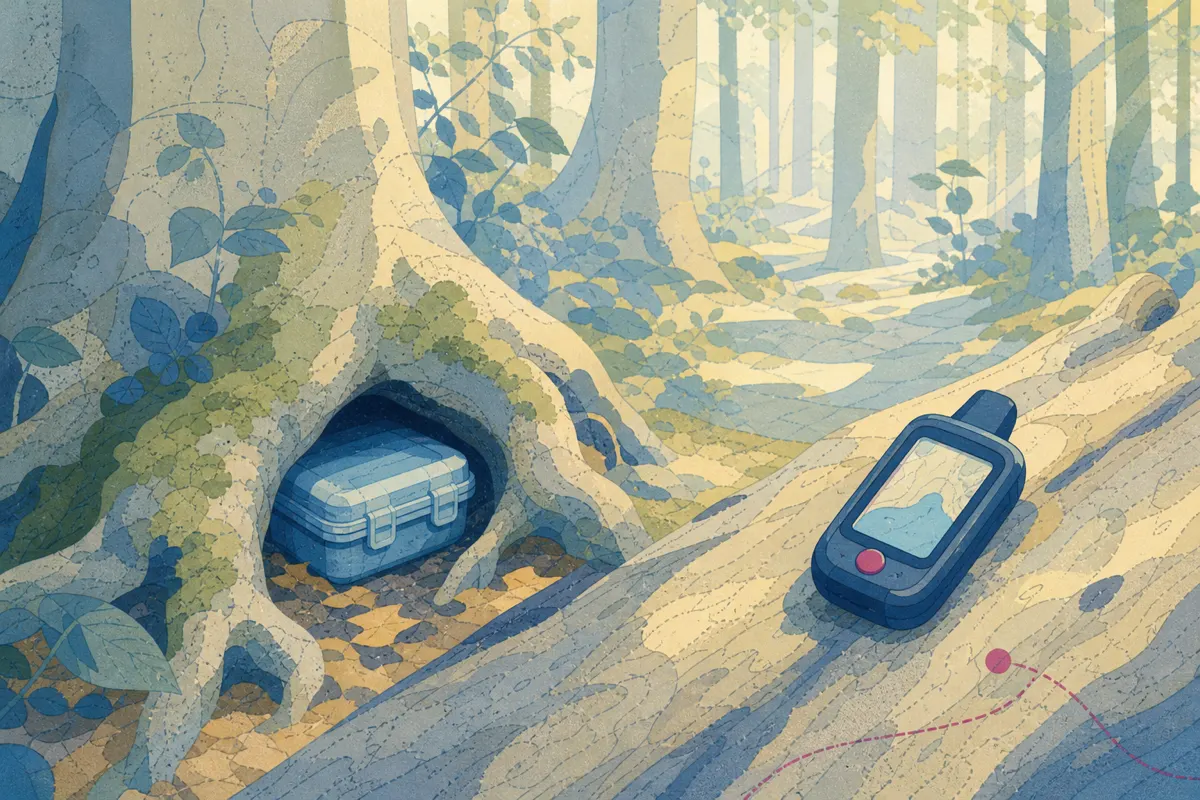 Illustration af en geocache-kasse under trærødder i en bøgeskov og en GPS-enhed på en træstamme