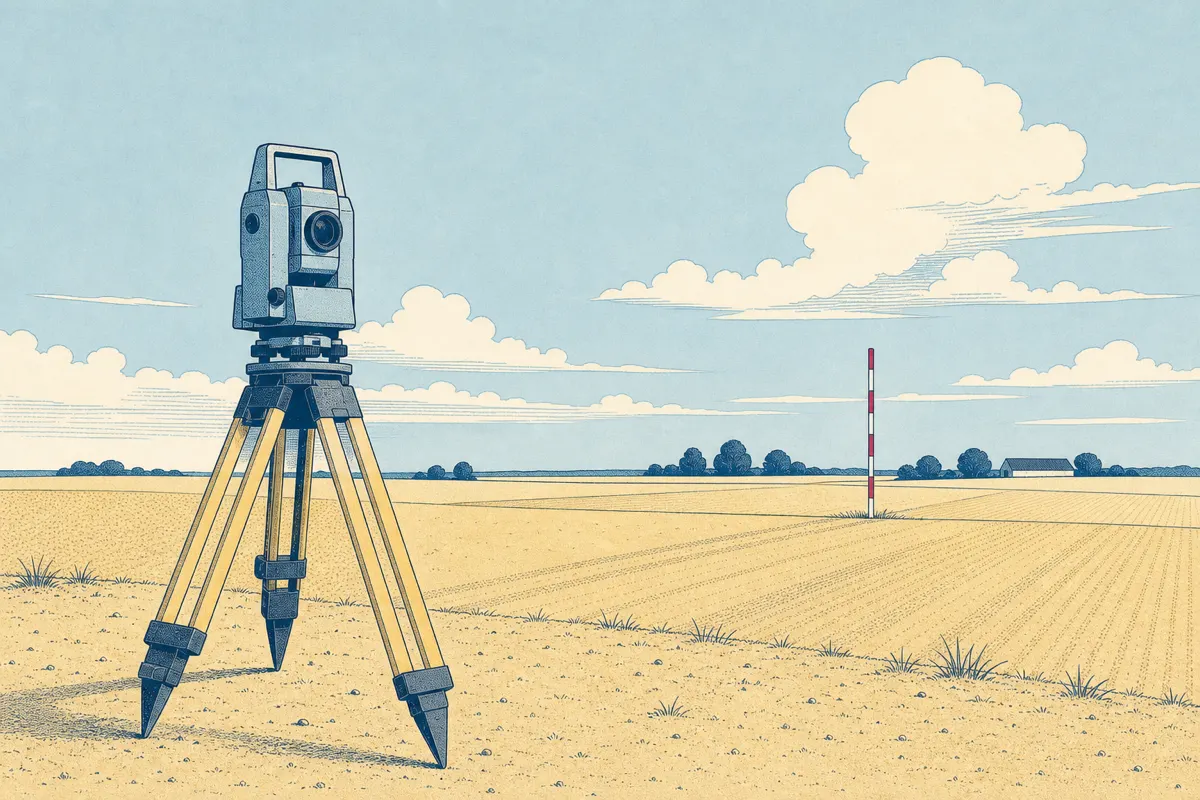 Illustration af et landmålerinstrument på stativ i en flad dansk mark med en rød og hvid målestok i det fjerne
