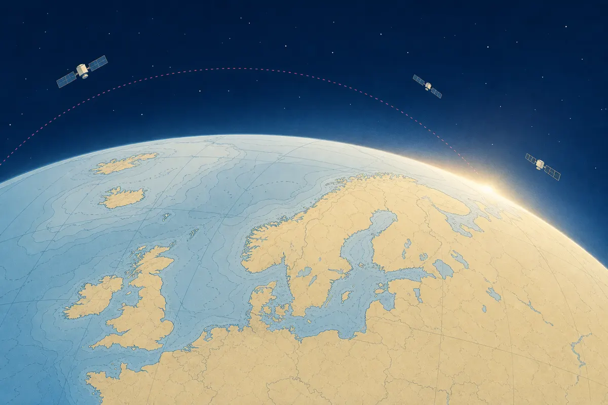 Illustration af Jorden set fra rummet med Nordeuropa og nogle få navigationssatellitter i kredsløb